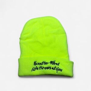 Neon Yellow Beanie with Embroidered Text